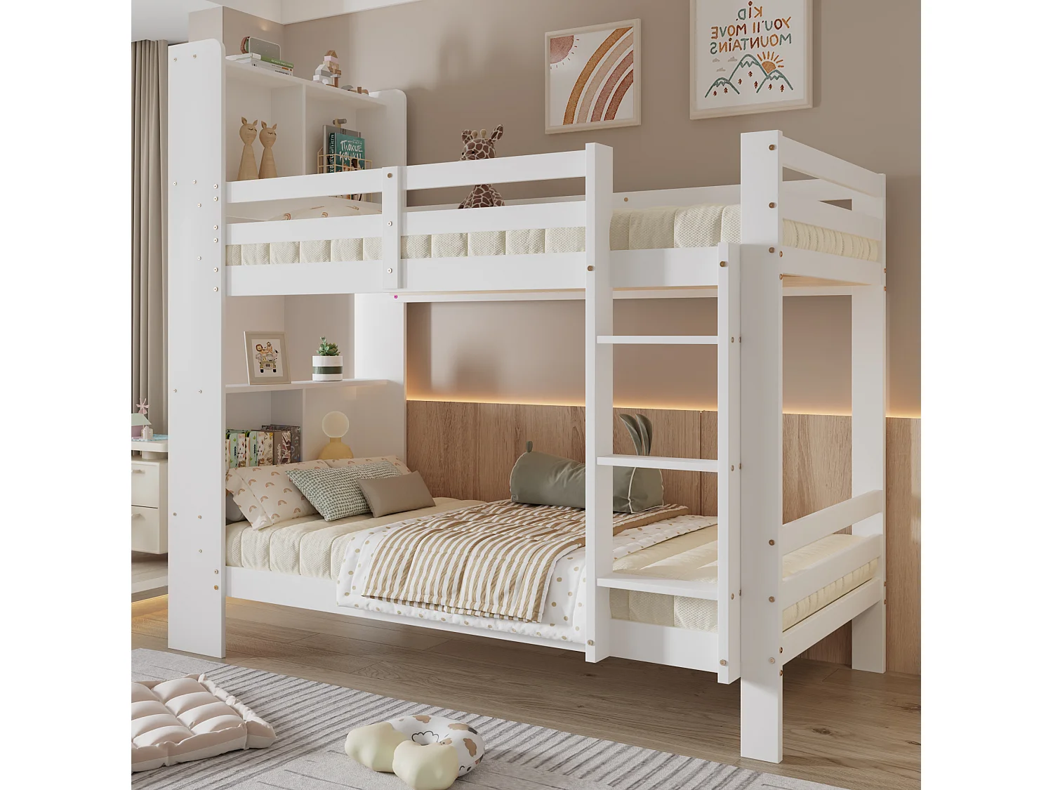 Łóżko piętrowe dla dzieci - 2 x 90 x 200 cm - z półkami do przechowywania + prostokątna drabinka - MDF - Biały 4273640 - obrazek 1