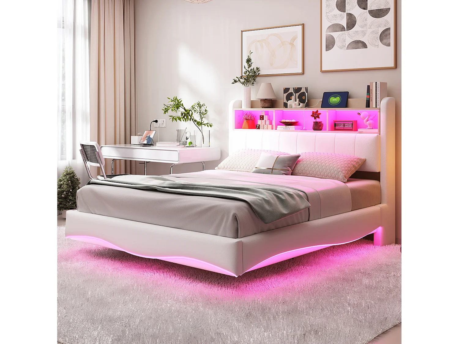 Łóżko dla dorosłych 140x200 cm - łóżko podwójne z oświetleniem LED i ładowaniem USB - schowek - beżowy len 4274126 - obrazek 1