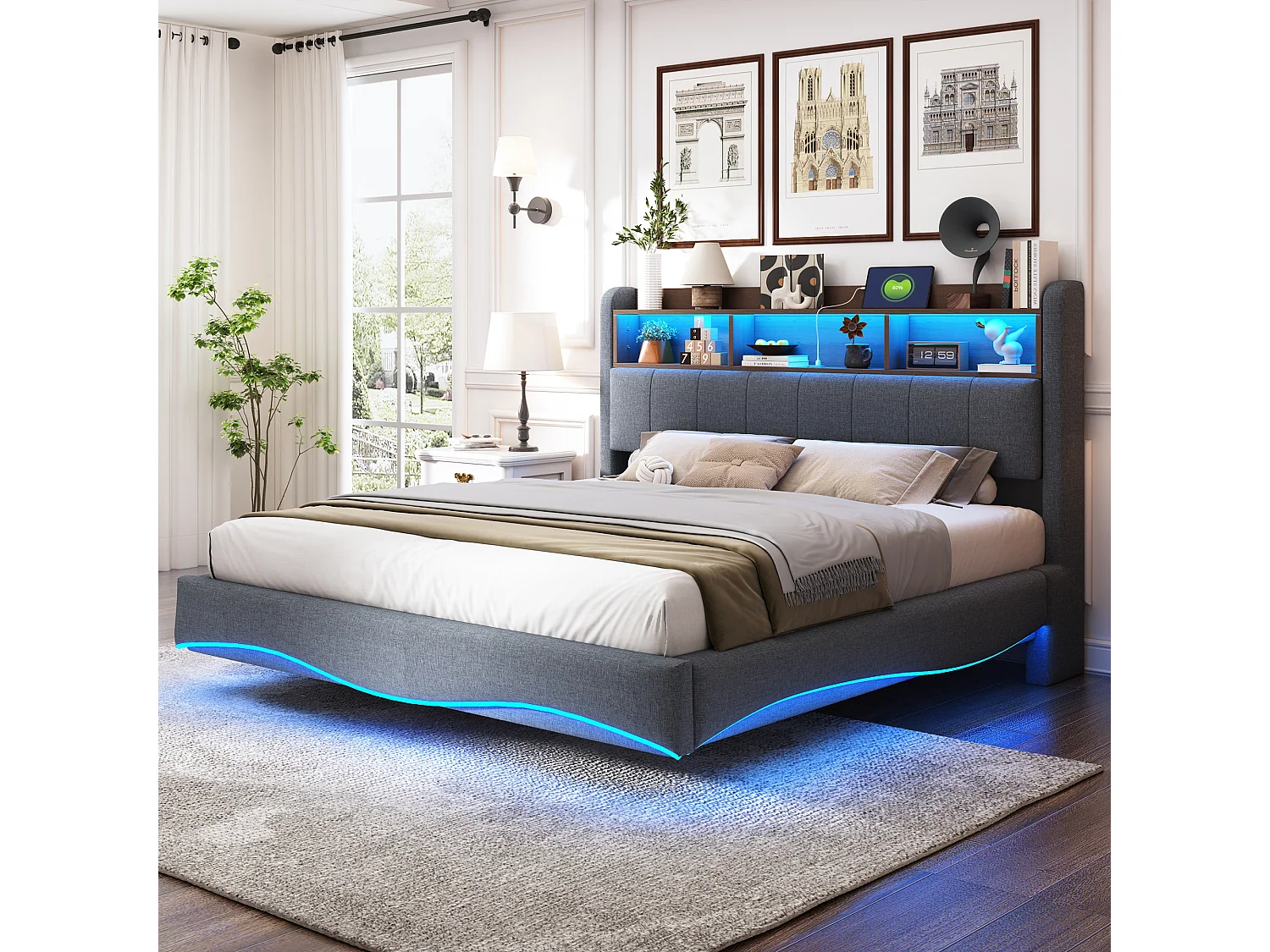 Łóżko dla dorosłych 160x200 cm - łóżko podwójne z oświetleniem LED i ładowaniem USB - schowek - szary len 4274129 - obrazek 1