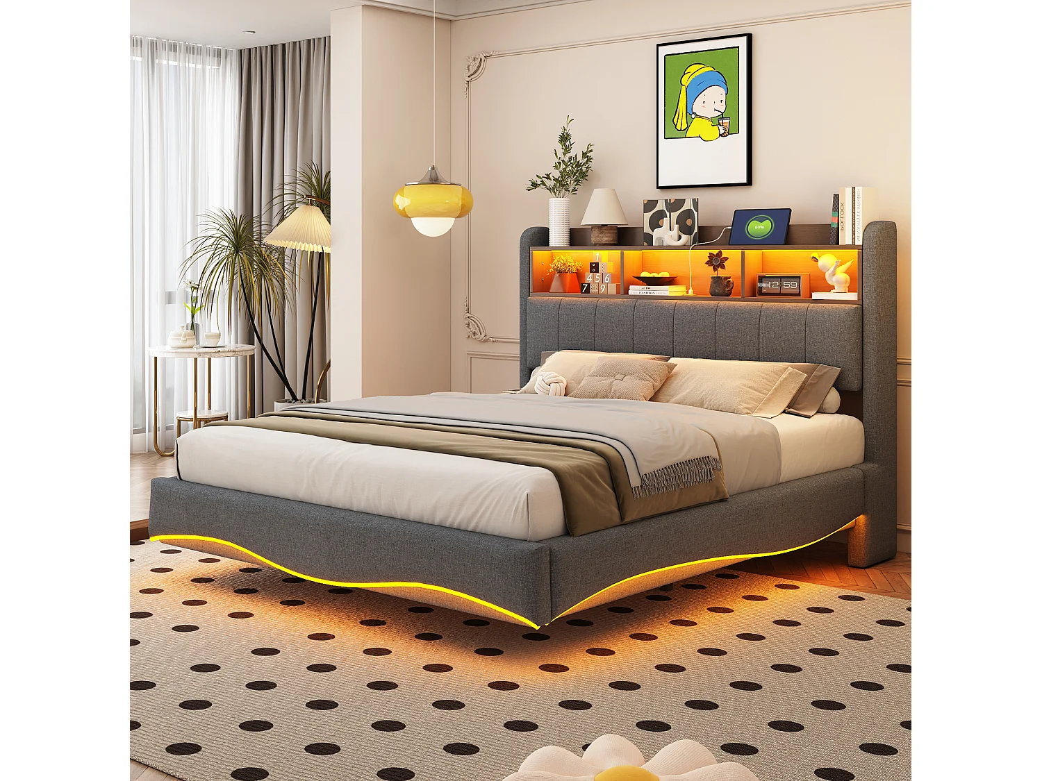 Łóżko dla dorosłych 140x200 cm - łóżko podwójne z oświetleniem LED i ładowaniem USB - schowek - szary len 4274130 - obrazek 1
