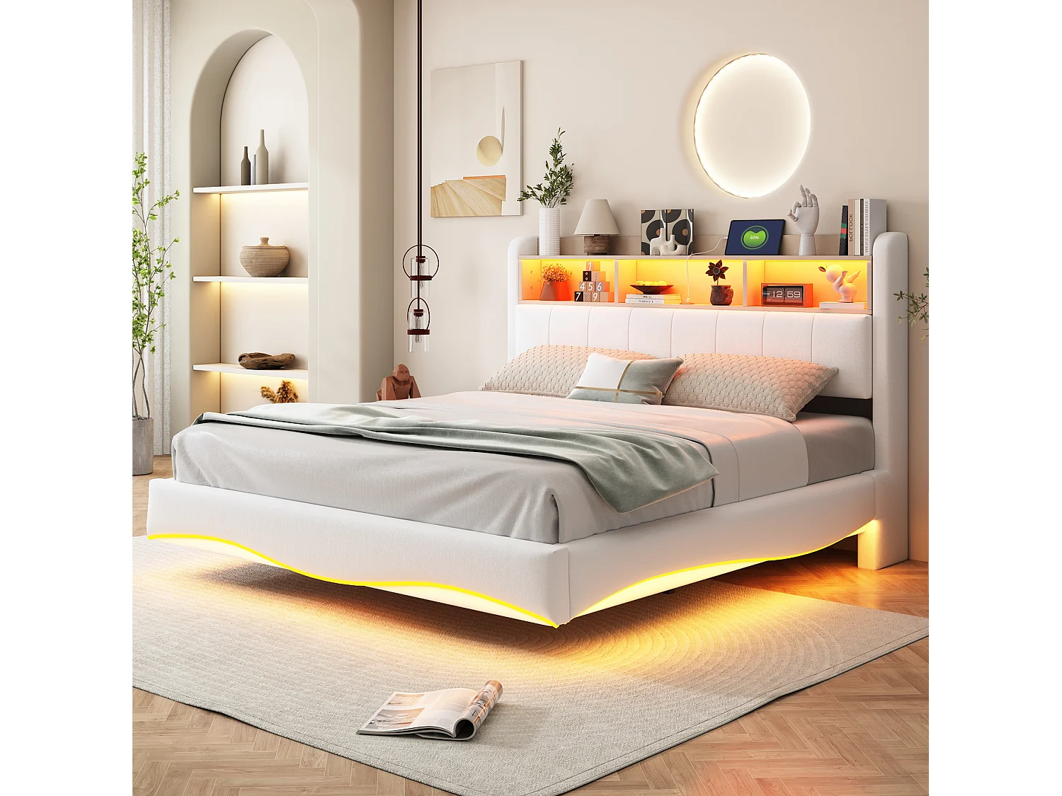 Łóżko dla dorosłych 160x200 cm - łóżko podwójne z oświetleniem LED i ładowaniem USB - schowek - beżowy len 4274131 - obrazek 1