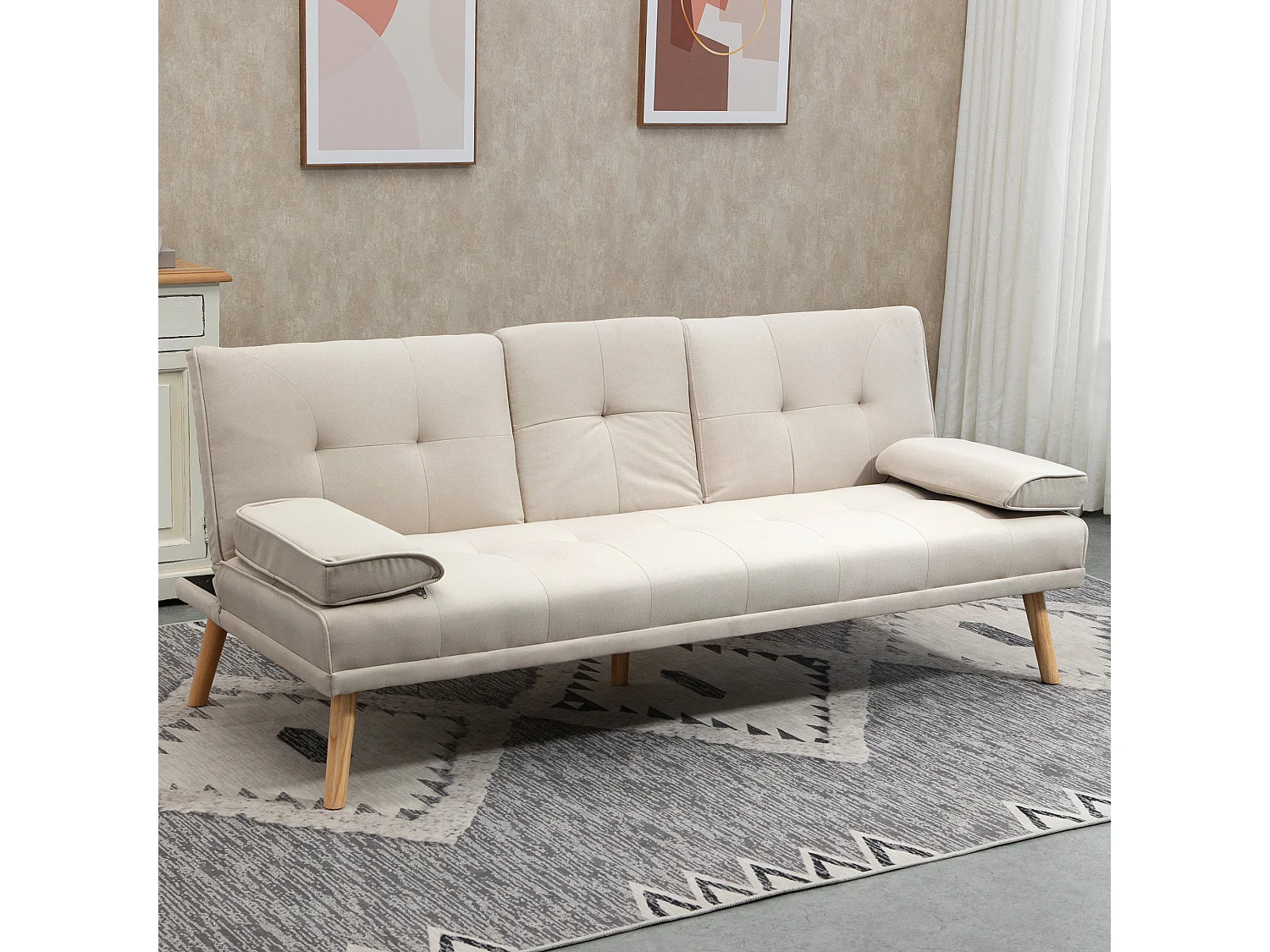 Beżowa sofa 3-osobowa – Sofa ze składanym stolikiem i uchwytem na kubki – regulowane oparcie 4274189