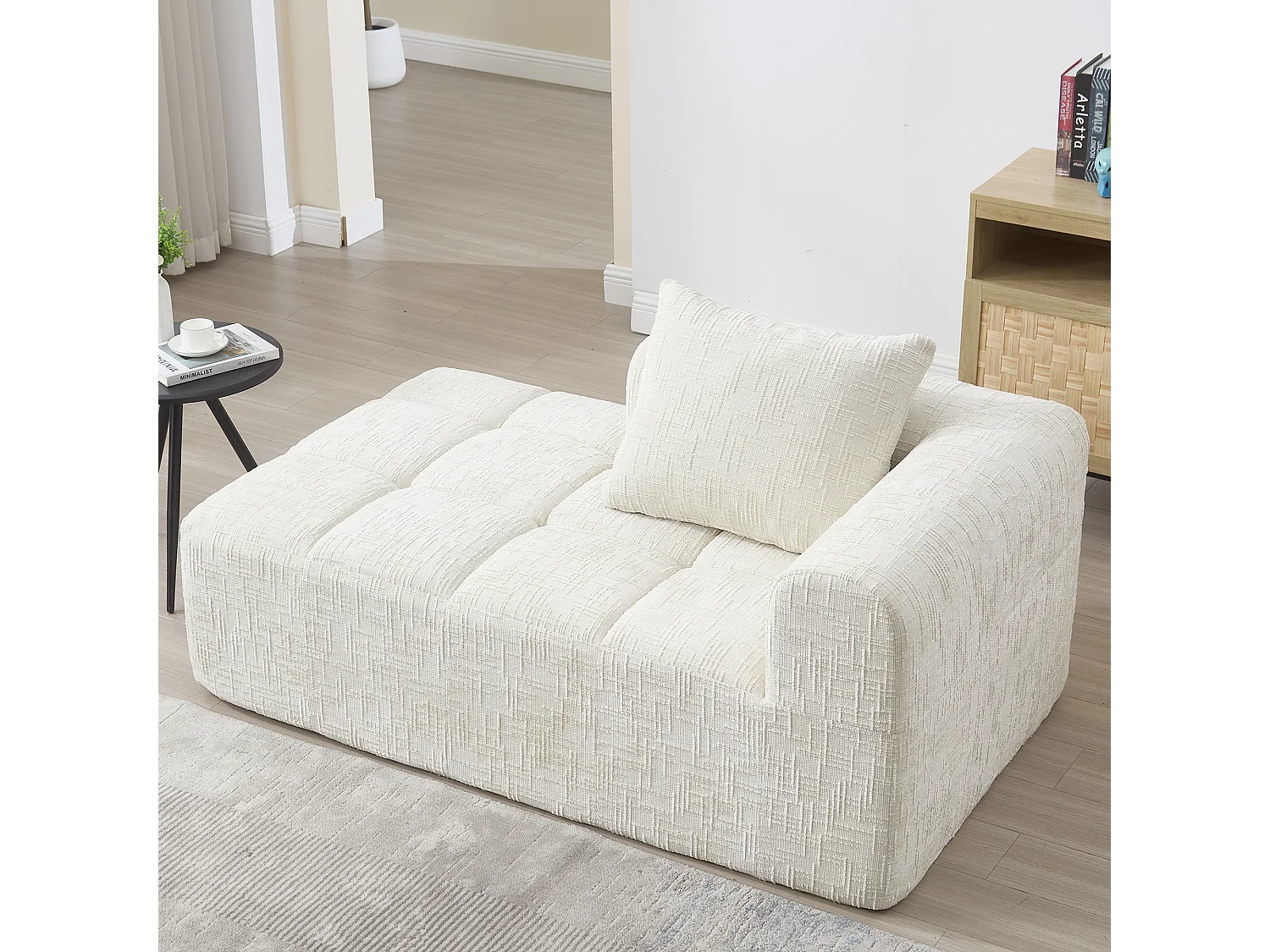 Beżowa sofa 1-osobowa – prosta sofa z poduszkami i kieszeniami – szenil – wzór śniegu 4274242