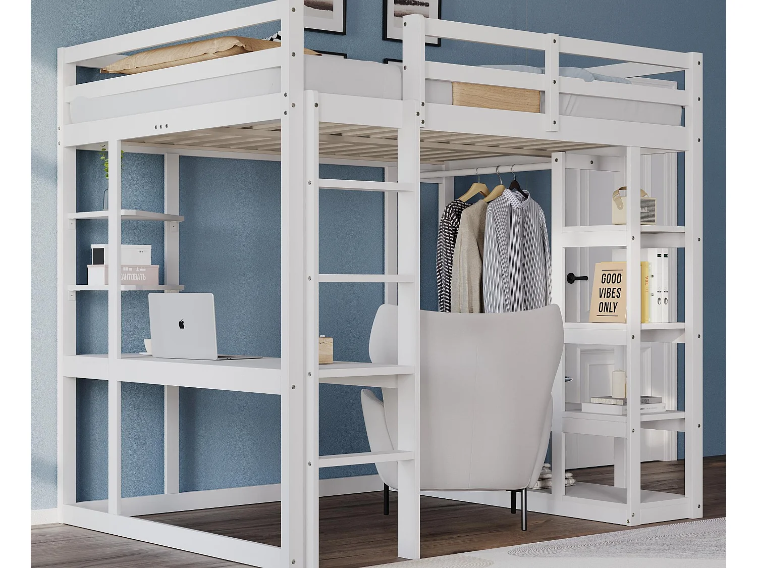 Łóżko mezzanine dziecięce 140x200cm - z drabinką - z biurkiem - z prostym wieszakiem - białe (materac nie wliczony) 4285098 - obrazek 1