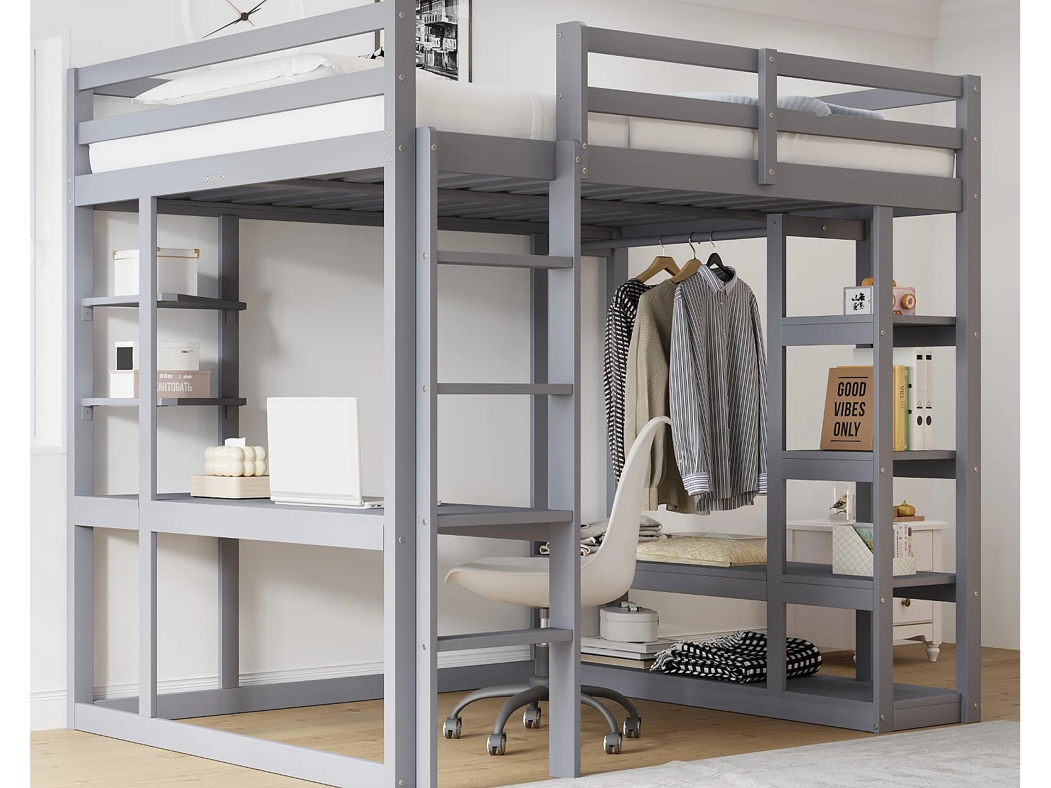 Łóżko mezzanine dziecięce 140x200cm - z drabinką - z biurkiem - z prostym wieszakiem - szare (materac nie wliczony) 4285099 - obrazek 1