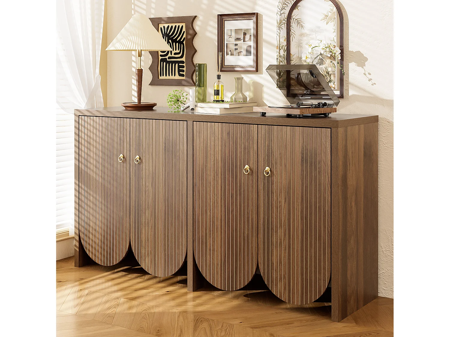 Elegancka komoda w kolorze orzecha włoskiego - 147 x 40 x 80 cm - z 4 drzwiami + regulowane półki - MDF - naturalny 4285368 - obrazek 1