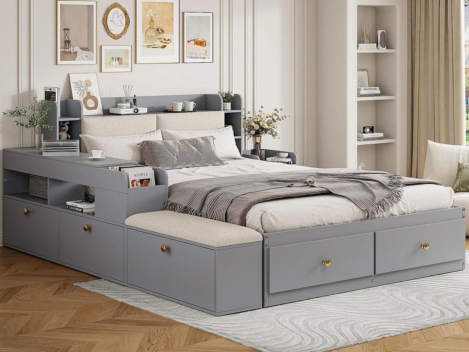 Łóżko podwójne z litego drewna 140×200 cm - z pojemnikiem - z 2 szufladami - z szafką nocną - z taboretem - Szare (bez materaca) 4031848 - obrazek 1