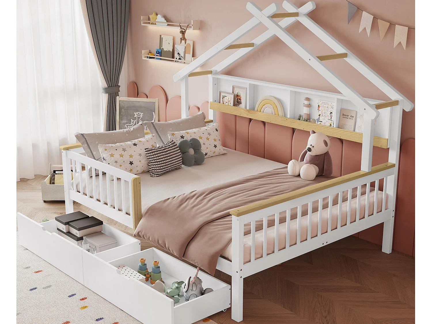Łóżko dziecięce 140×200 cm - z 2 szufladami - w kształcie dachu - z schowkiem - MDF + Drewno lite - białe 4296247 - obrazek 1