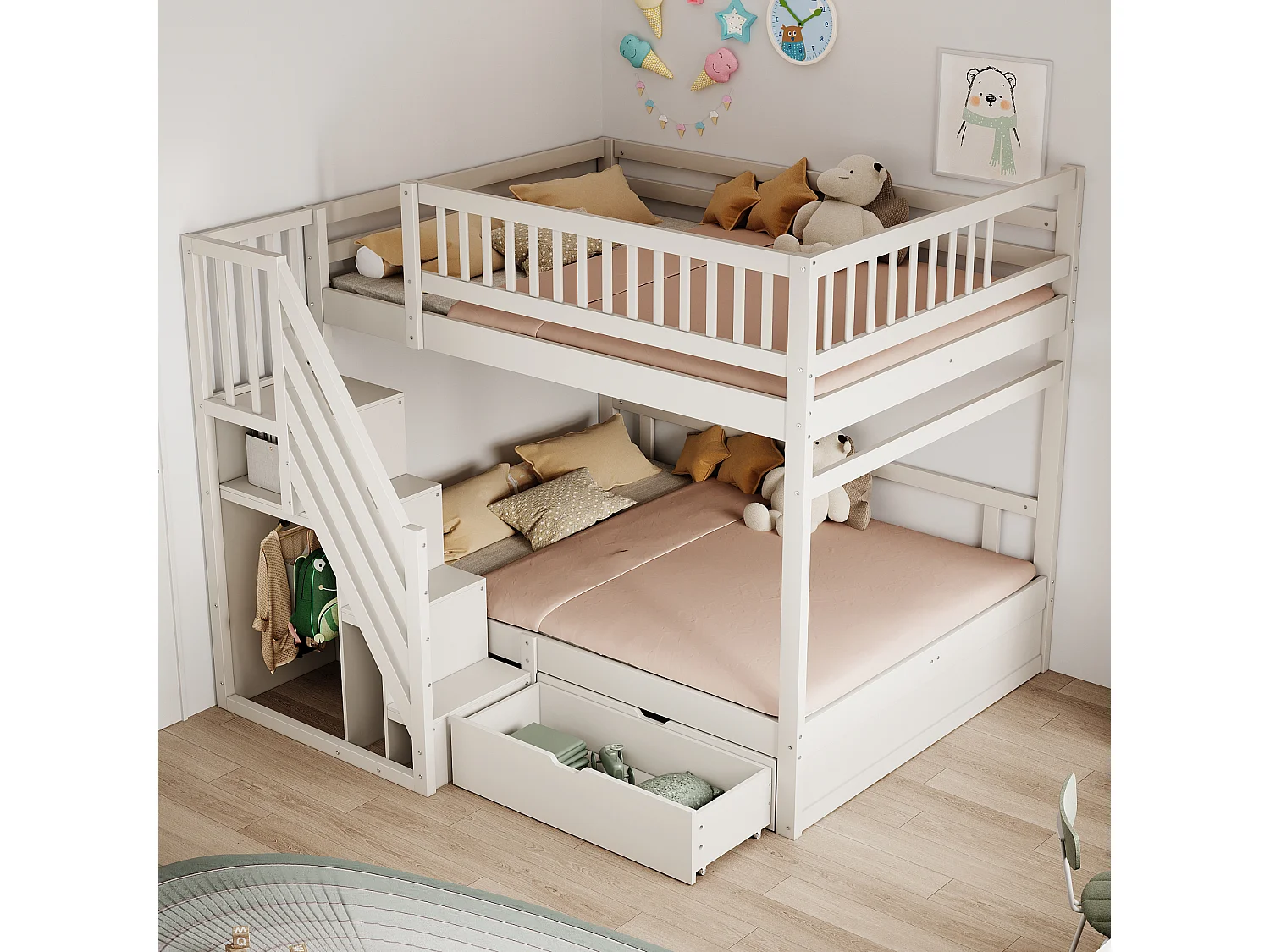 Łóżko piętrowe dla dzieci - 2 x 140 x 200 cm - z 1 szufladą + schowkiem schodowym - drewno + płyta MDF - białe 4297142 - obrazek 1
