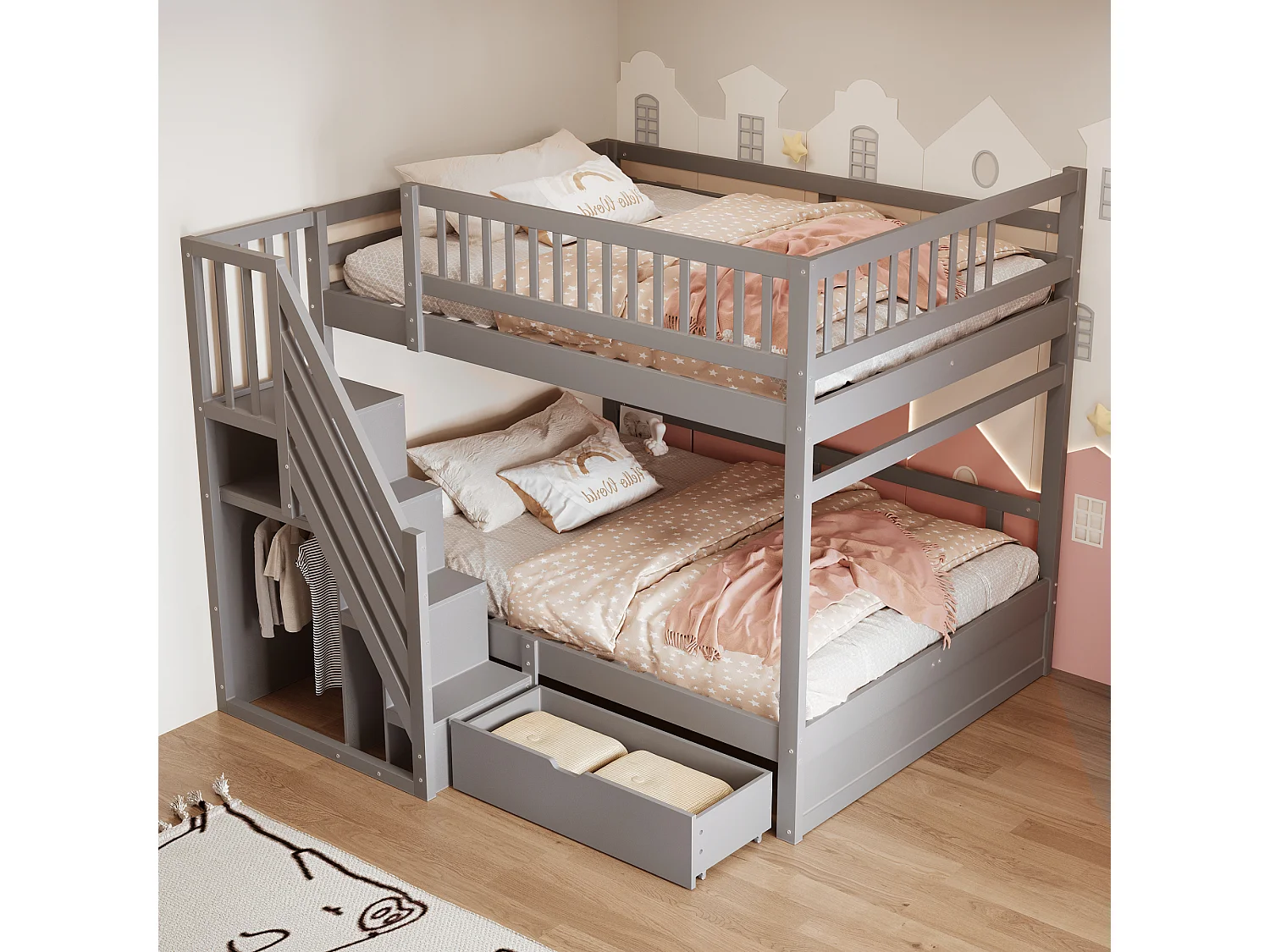 Łóżko piętrowe dla dzieci - 2 x 140 x 200 cm - z 1 szufladą + schowkiem schodowym - drewno + płyta MDF - szare 4297144 - obrazek 1