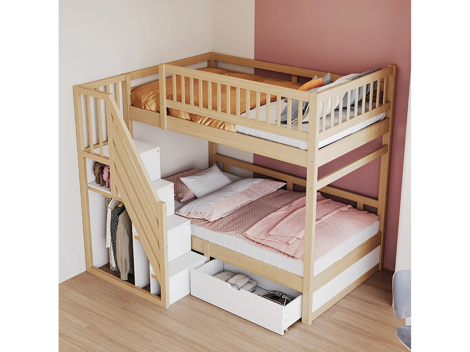 Łóżko piętrowe dla dzieci - 2 x 90 x 200 cm - z 1 szufladą + schowkiem schodowym - drewno + MDF - jasny naturalny 4297147 - obrazek 1