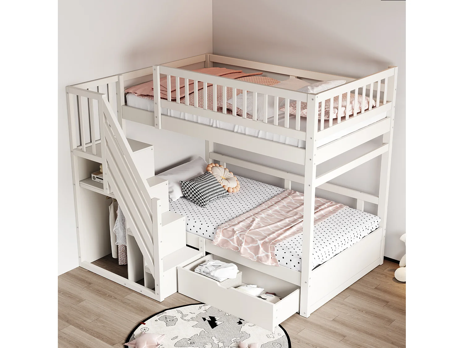 Łóżko piętrowe dla dzieci - 2 x 90 x 200 cm - z 1 szufladą + schowkiem schodowym - drewno + płyta MDF - białe 4297150 - obrazek 1
