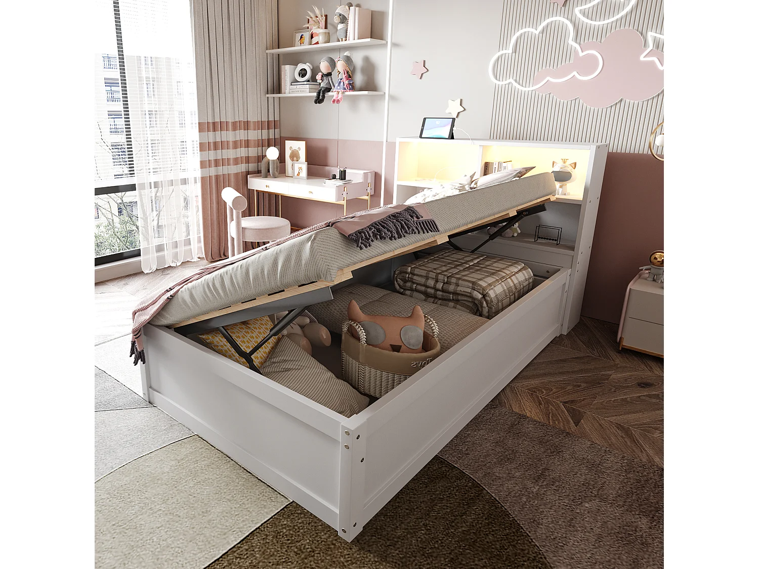 Łóżko dziecięce z pojemnikiem - 90 x 200 cm - z oświetleniem LED + zagłówek ze schowkiem - drewno + MDF - białe 4297156 - obrazek 1