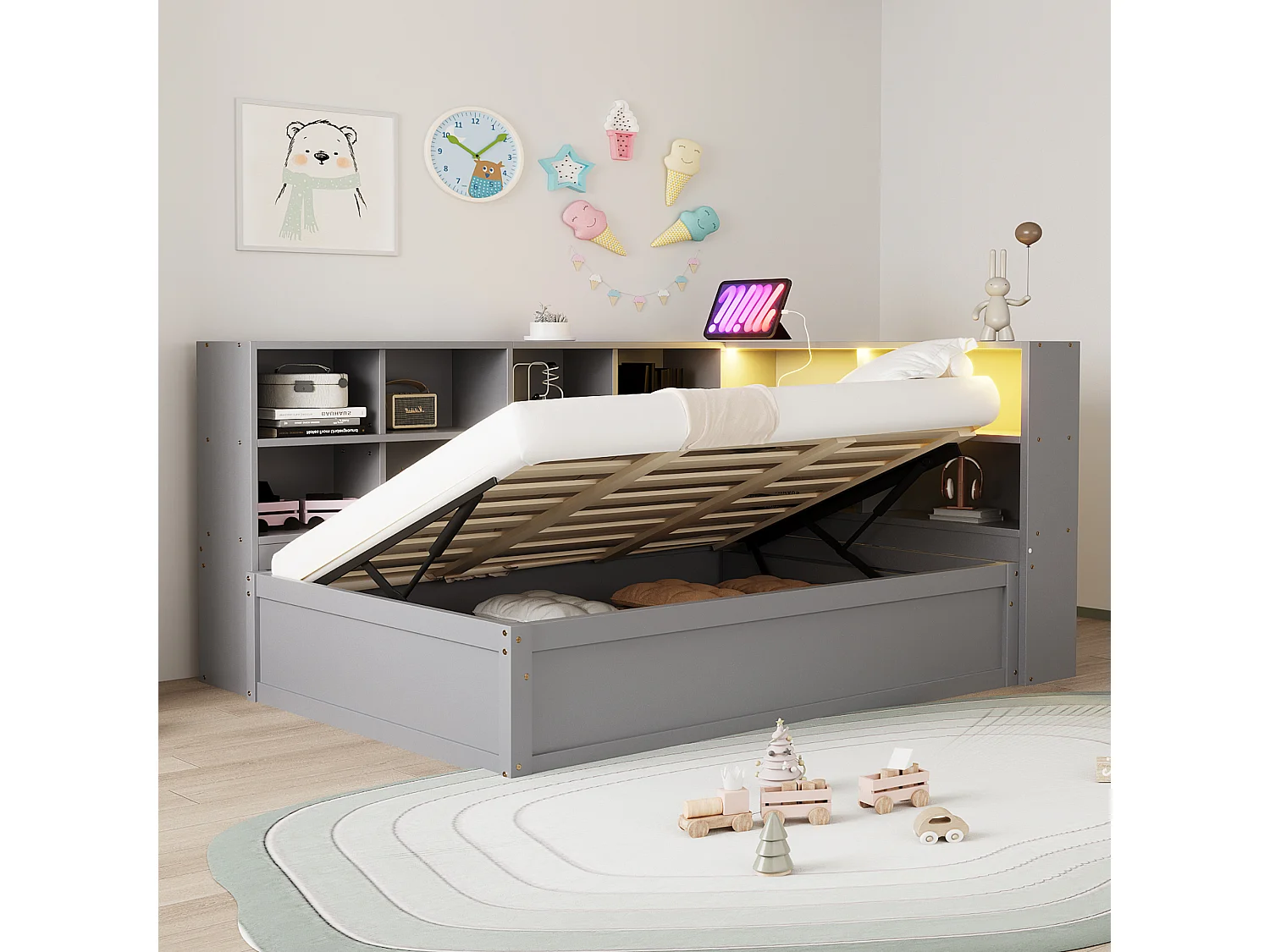 Łóżko dziecięce z pojemnikiem - 90 x 200 cm - z diodami LED + kilka schowków - łóżko hydrauliczne - drewno + MDF - szare 4297157 - obrazek 1