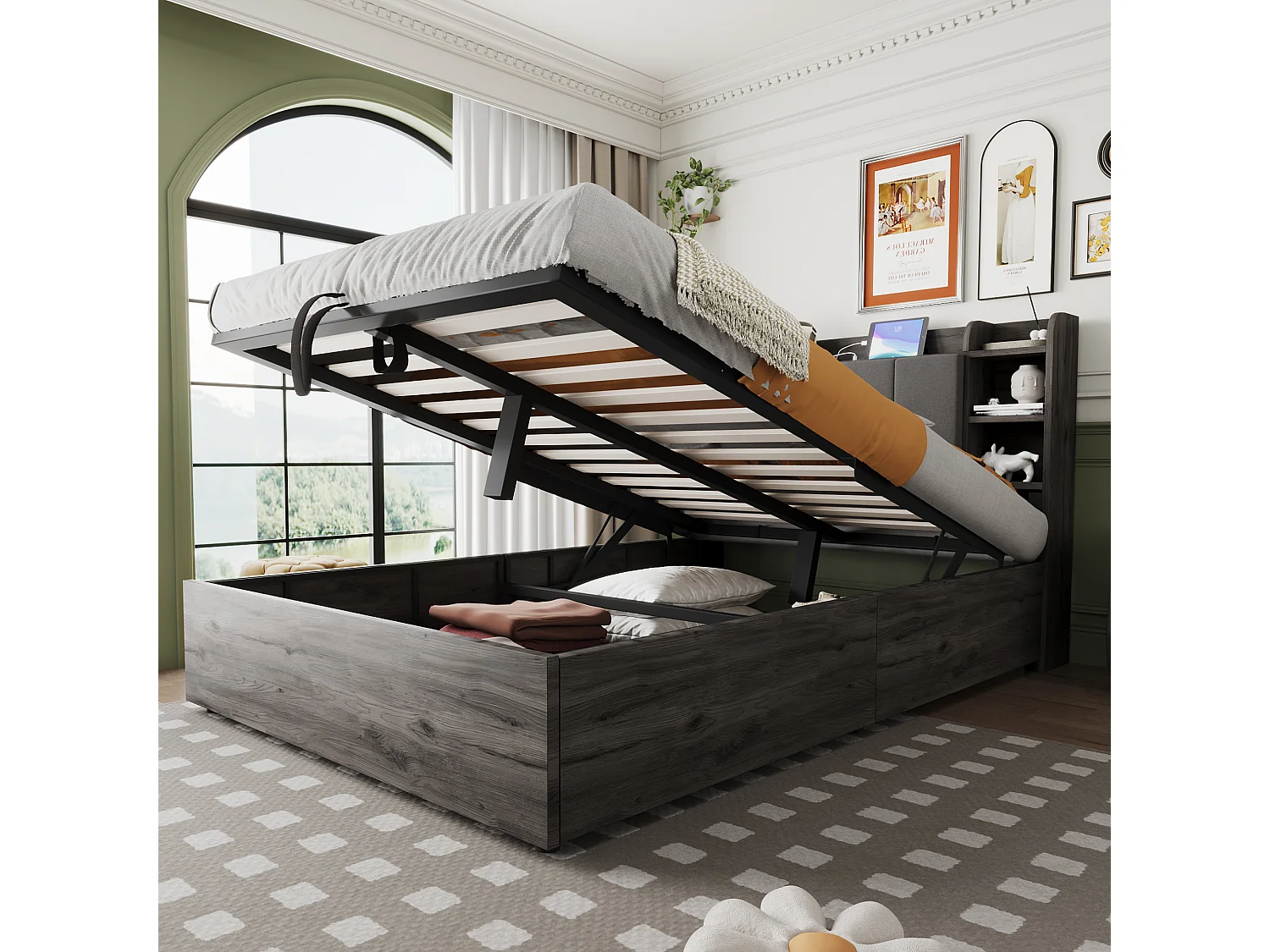 Łóżko dziecięce z pojemnikiem - 140 x 200 cm - zagłówek ze schowkiem - z USB + Type-C - MDF - szare 4297158 - obrazek 1