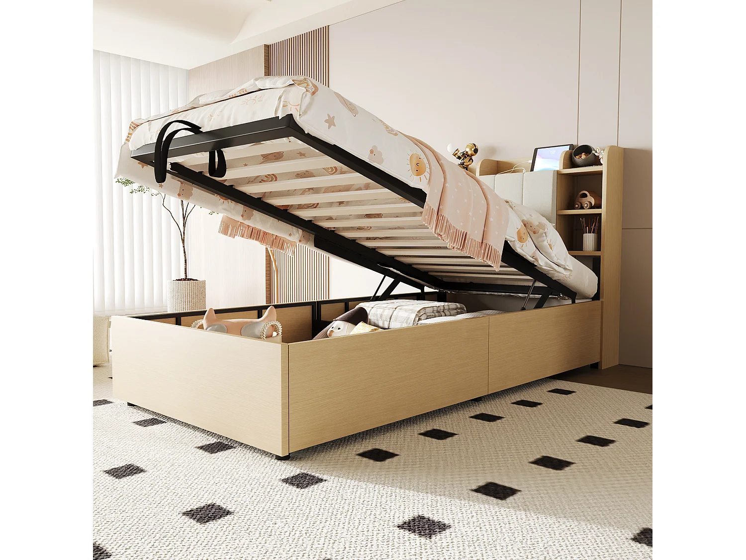 Łóżko dziecięce z pojemnikiem - 90 x 200 cm - zagłówek ze schowkiem - z USB + Type-C - MDF - jasny naturalny 4297166 - obrazek 1
