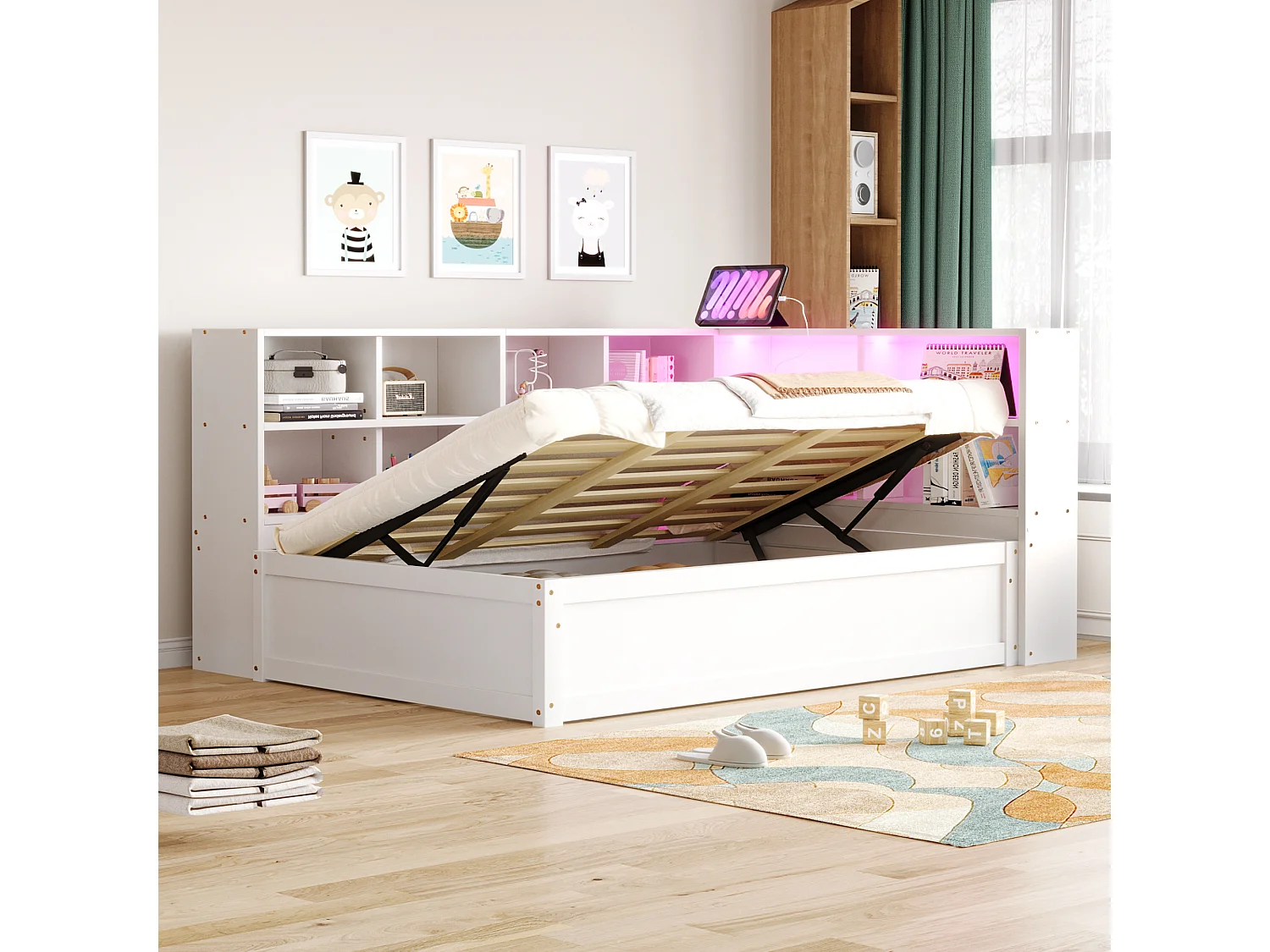 Łóżko dziecięce z pojemnikiem - 90 x 200 cm - z diodami LED + kilka schowków - łóżko hydrauliczne - drewno + MDF - białe 4297174 - obrazek 1