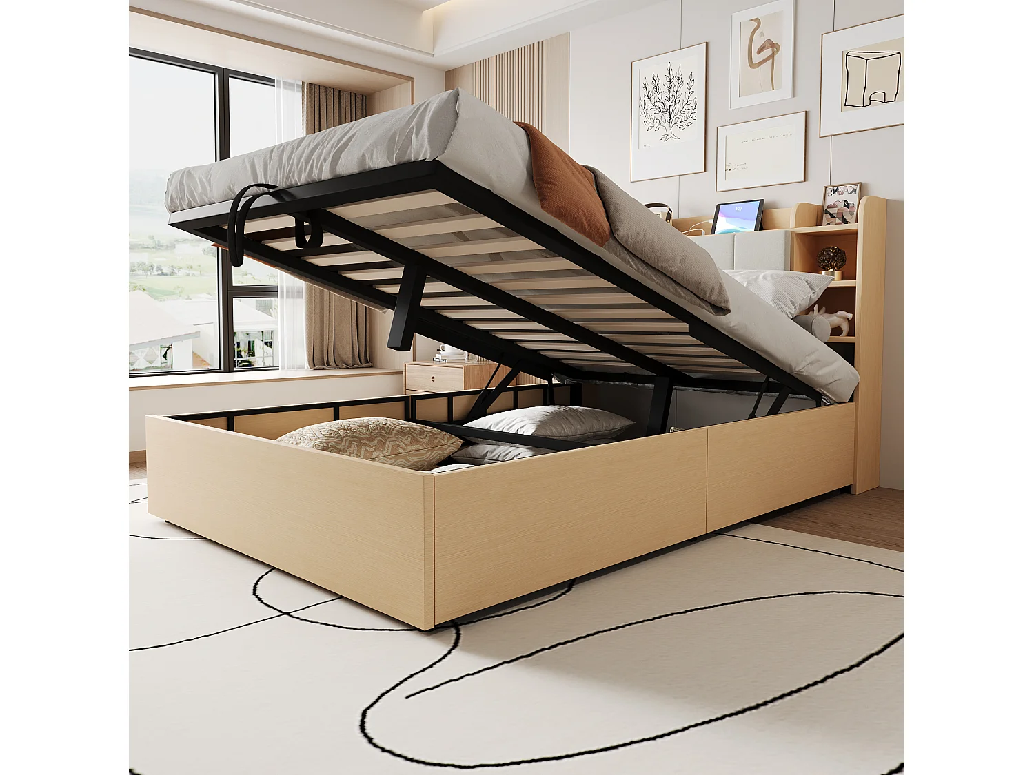 Łóżko dziecięce z pojemnikiem - 140 x 200 cm - zagłówek ze schowkiem - z USB + Type-C - MDF - jasny naturalny 4297177 - obrazek 1