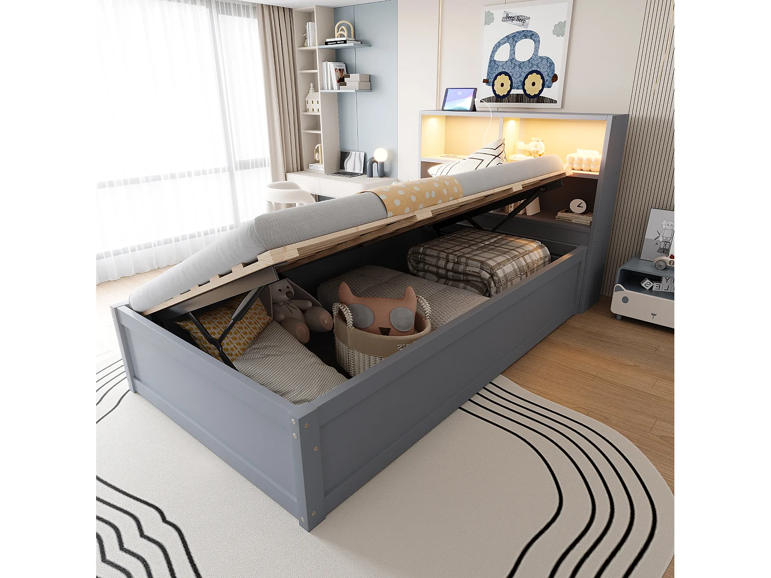 Łóżko dziecięce z pojemnikiem - 90 x 200 cm - z oświetleniem LED + zagłówek ze schowkiem - drewno + MDF - szare 4297180 - obrazek 1