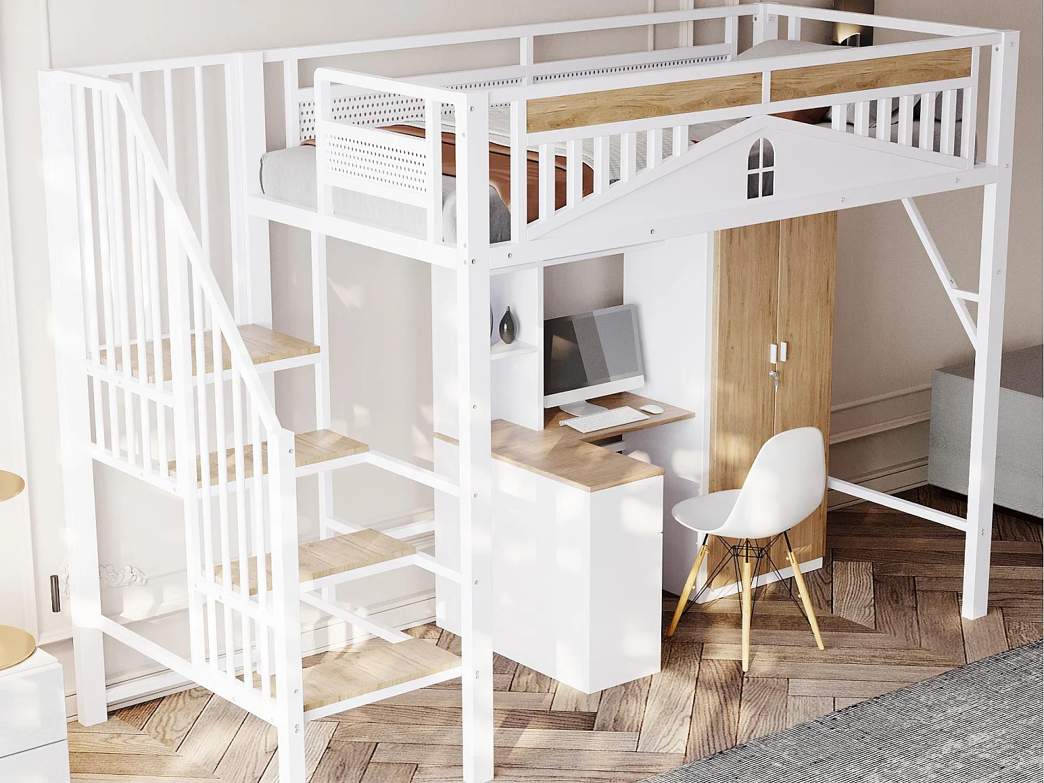 Łóżko mezzanine metalowe 90x200cm - z regulowanym drabinką - Białe (materac nie jest w zestawie) 3697208 - obrazek 1