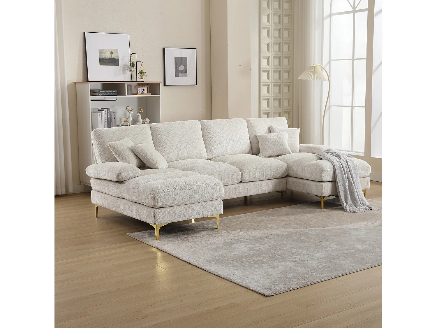 Beżowy narożnik - Sofa 4-osobowa z siedziskami i poduszkami - szenil - do salonu i sypialni 4304419 - obrazek 1