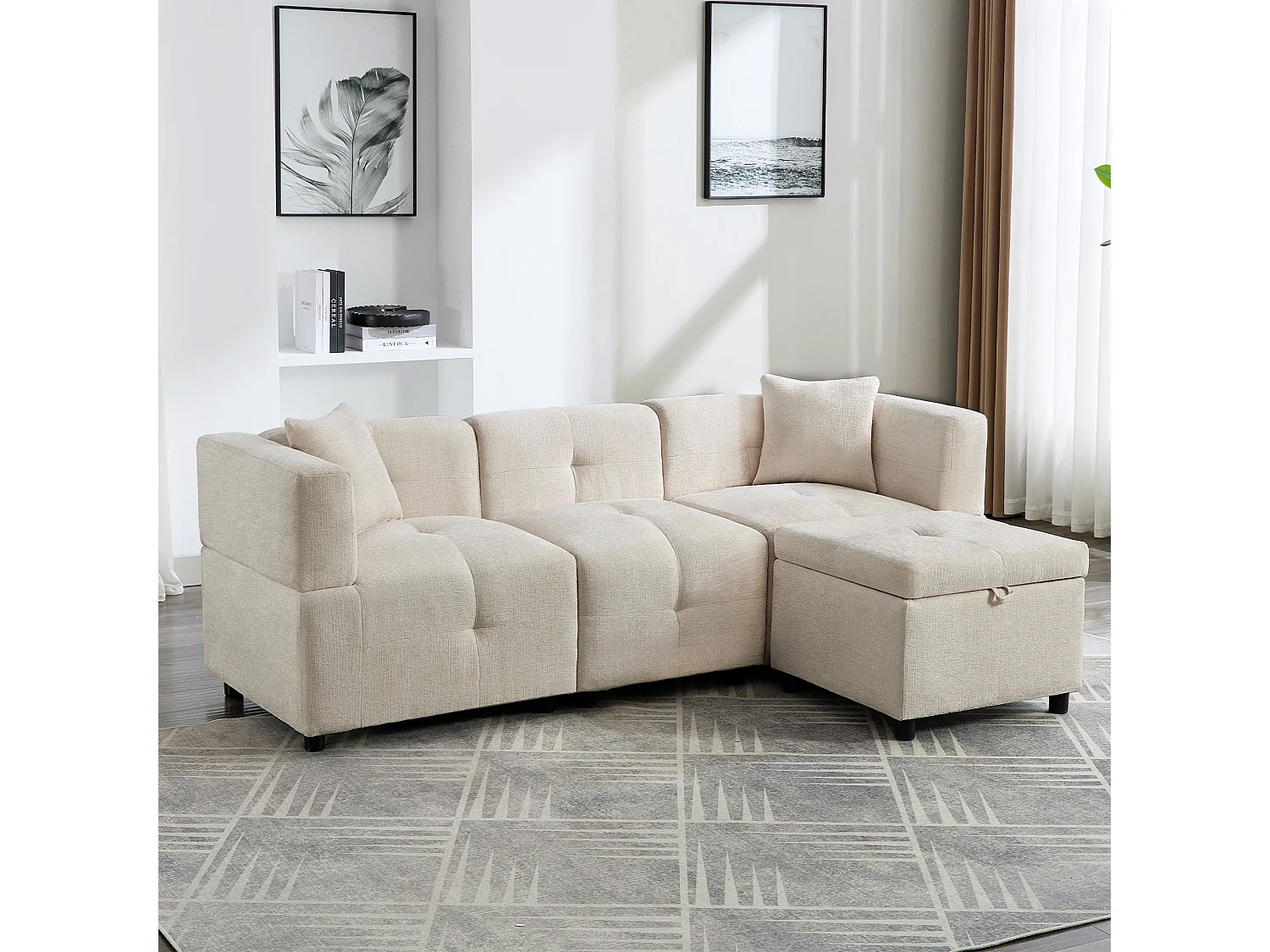 Beżowa sofa narożna - sofa 3-osobowa z podnóżkiem ze schowkiem i 2 poduszkami - szenil - do salonu i biura 4304451 - obrazek 1