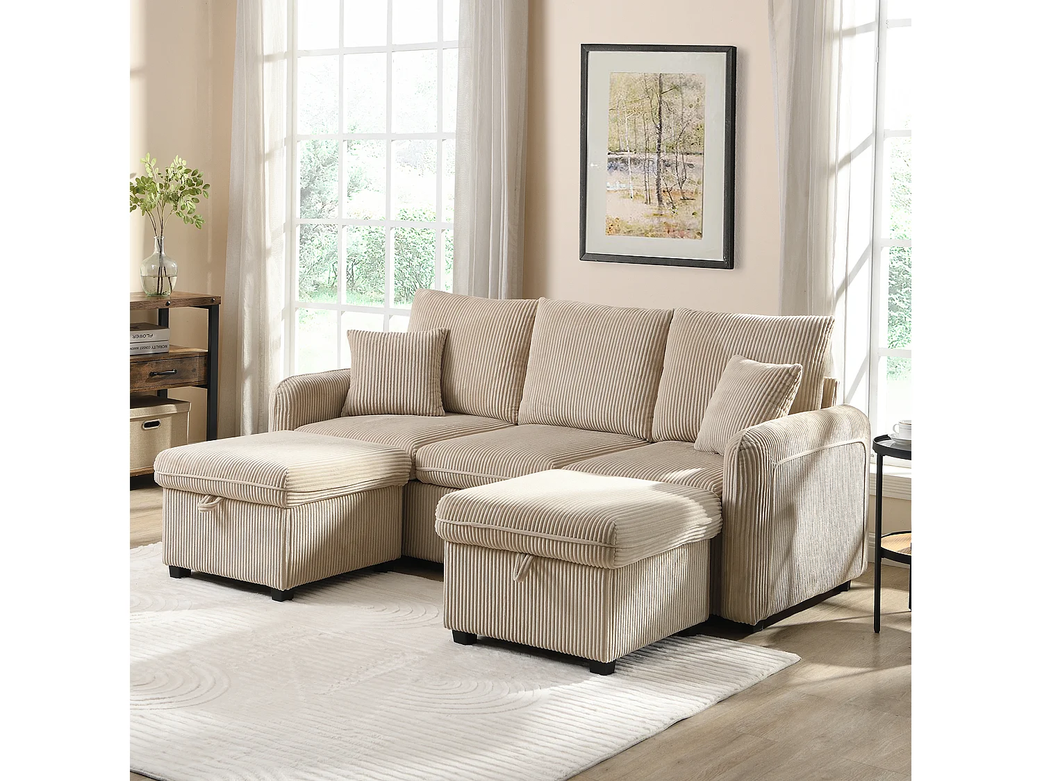 Beżowa sofa narożna – sofa 3-osobowa z 2 szufladami i 2 hokerami ze schowkiem – szenil 4304458