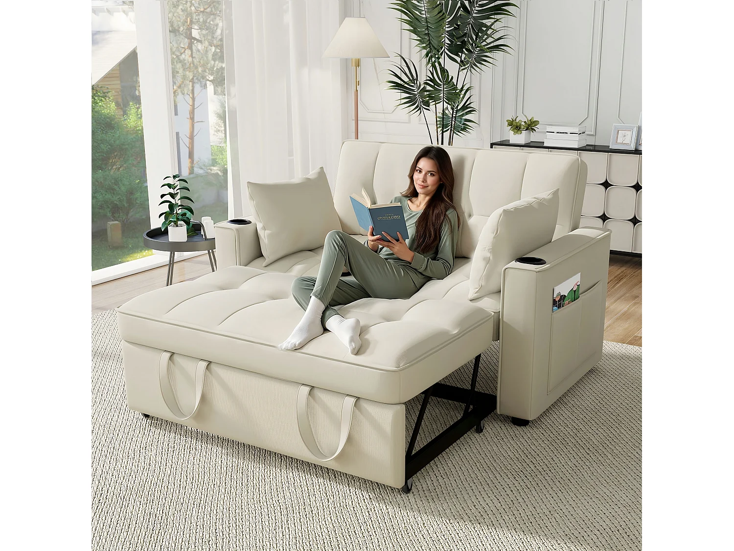 Beżowa sofa 2-osobowa – Sofa rozkładana z uchwytem na kubek i schowkiem – poduszki i kółka 4304497