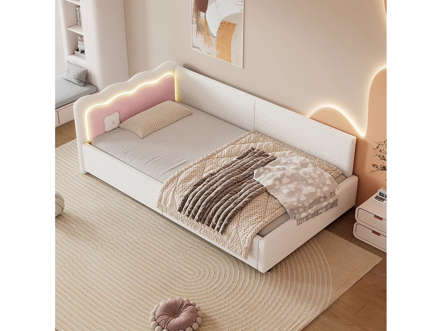 Łóżko dziecięce 90 x 200 cm - Łóżko młodzieżowe z oświetleniem LED i pilotem - biała imitacja kaszmiru 4305069 - obrazek 1
