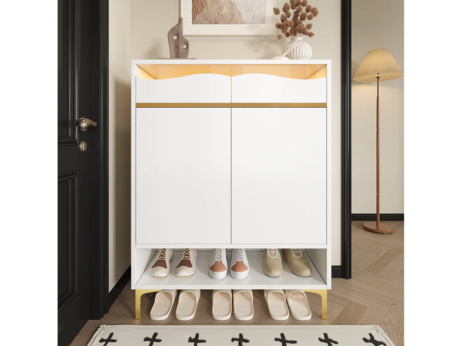 Biała szafka na buty z 16-kolorowymi diodami LED, nowoczesny design z szufladami i półkami, do przedpokoju, salonu lub korytarza 4316471
