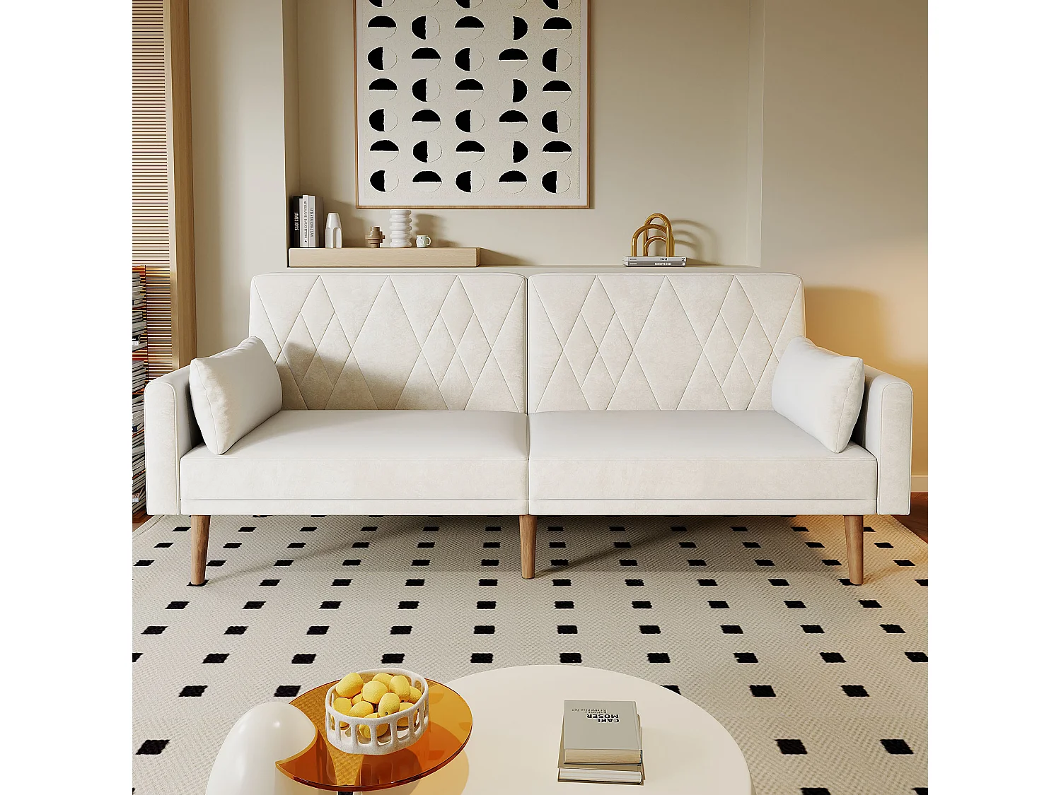 Beżowa, welurowa sofa dwuosobowa, regulowane oparcie i podłokietniki, nowoczesny design, do salonu lub sypialni 4316556 - obrazek 1