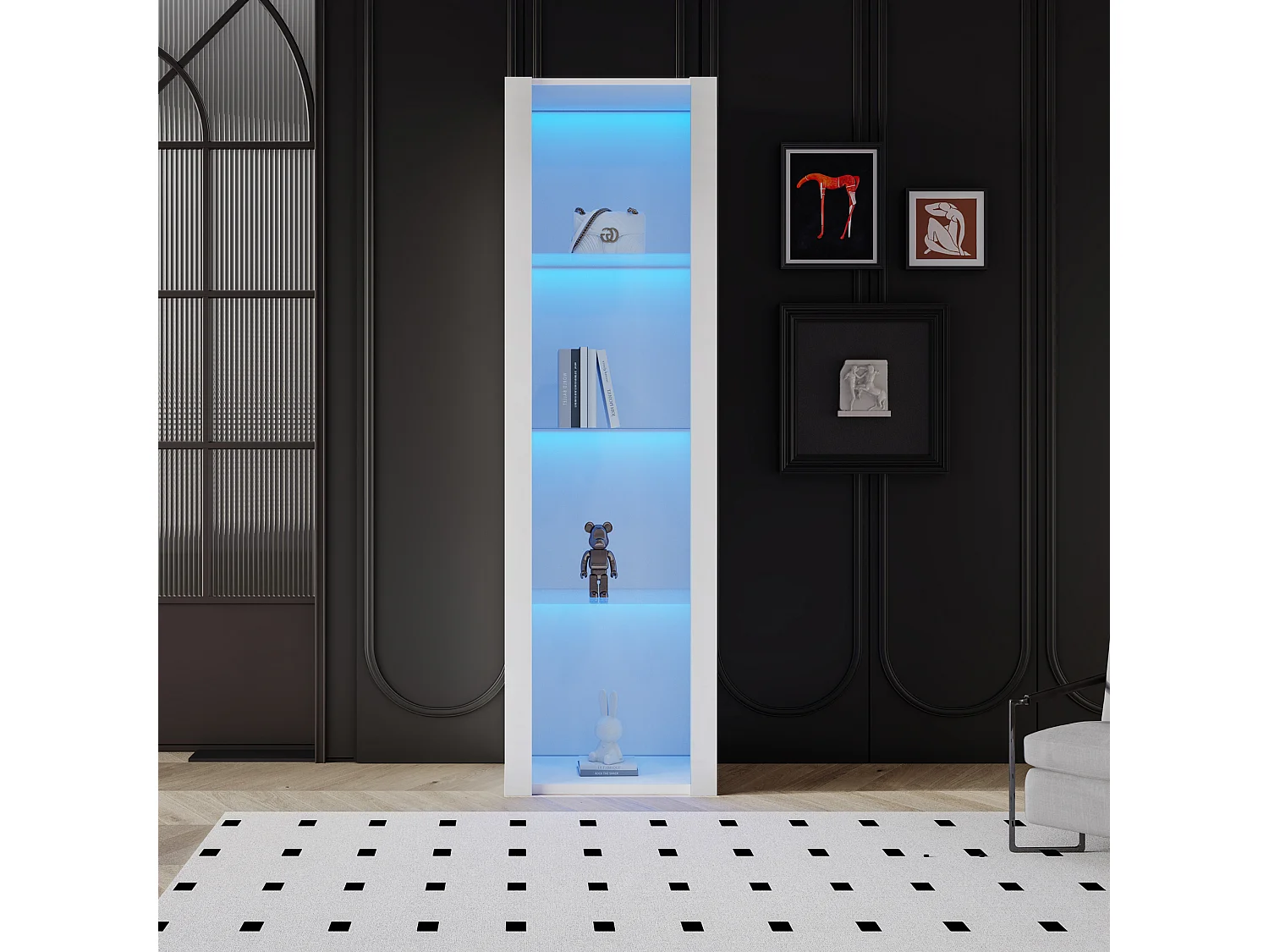 Biała gablota z oświetleniem LED, 55x38x166 cm, 3 przegrody, do salonu i biura 4316566