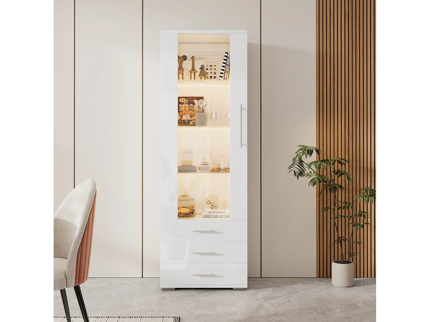 Biała witryna z oświetleniem LED, 60x35x180 cm, 3 szuflady, styl nowoczesny, do salonu i biura 4316570