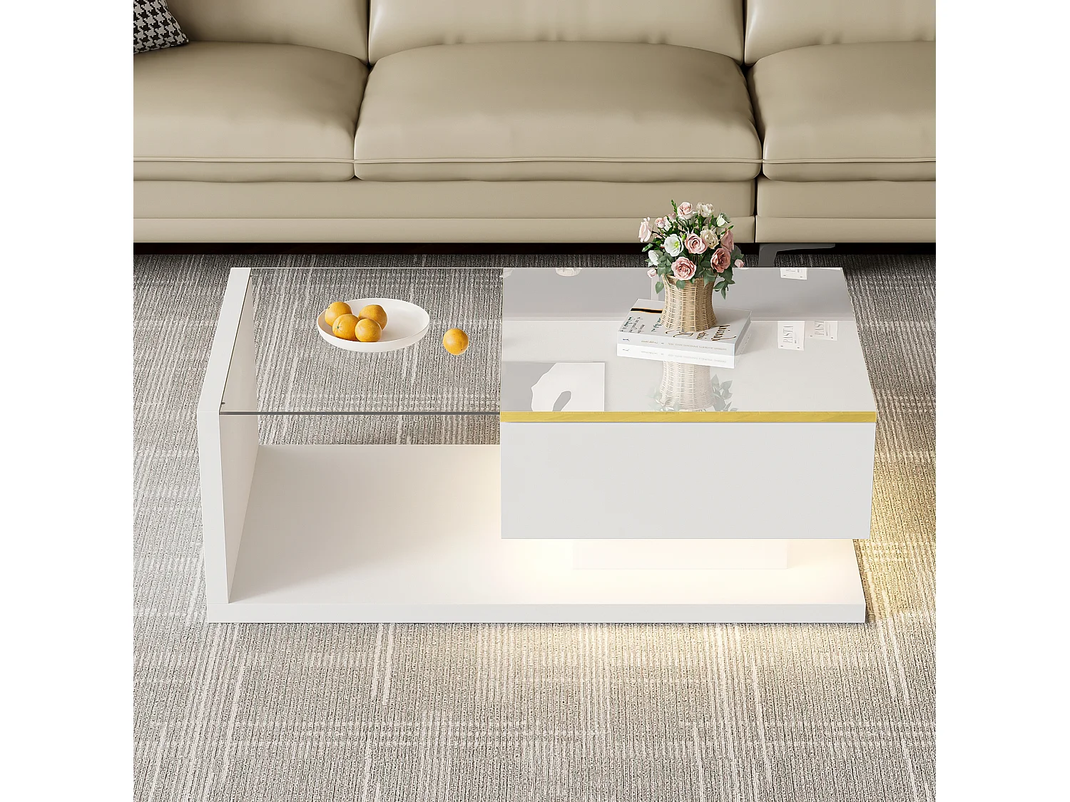 90 cm stolik kawowy LED, biały stolik kawowy ze schowkami, nowoczesny design, 16-kolorowe oświetlenie 4316586