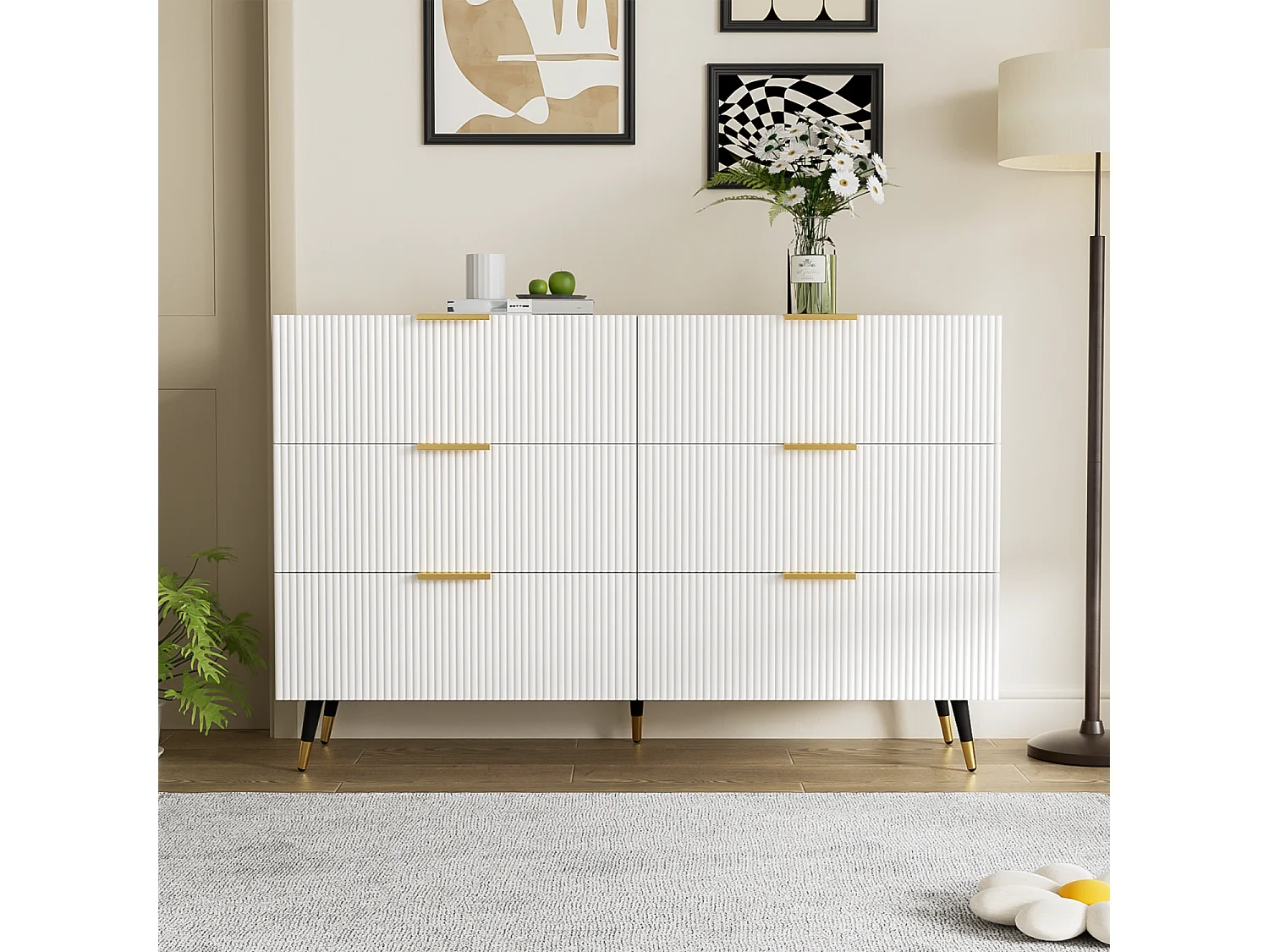 Biała komoda, elegancka komoda z 6 szufladami do przechowywania, złote uchwyty, do salonu i sypialni 4316585