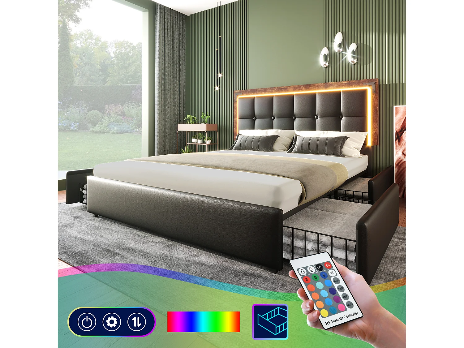 Łóżko dla dorosłych 140x200 cm, czarne PU, z regulowanym zagłówkiem i 4 szufladami, oświetlenie LED, bez materaca 4316591 - obrazek 1