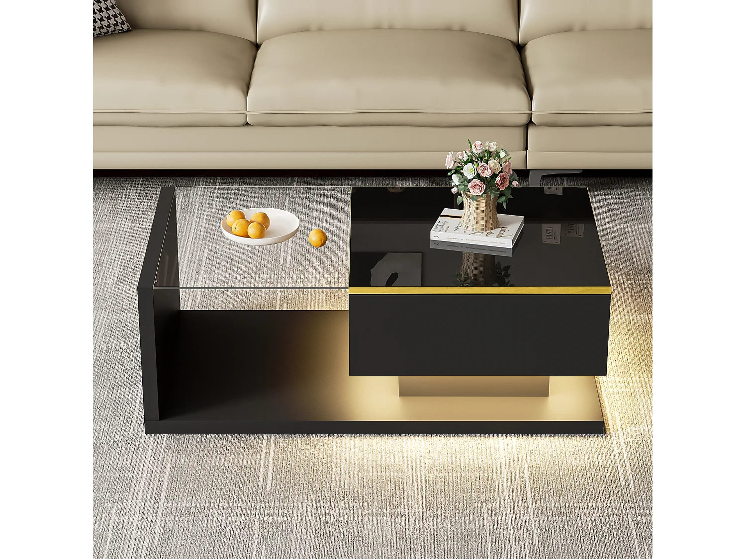 90 cm stolik kawowy LED, czarny stolik kawowy ze schowkami, nowoczesny design, 16-kolorowe oświetlenie 4316600