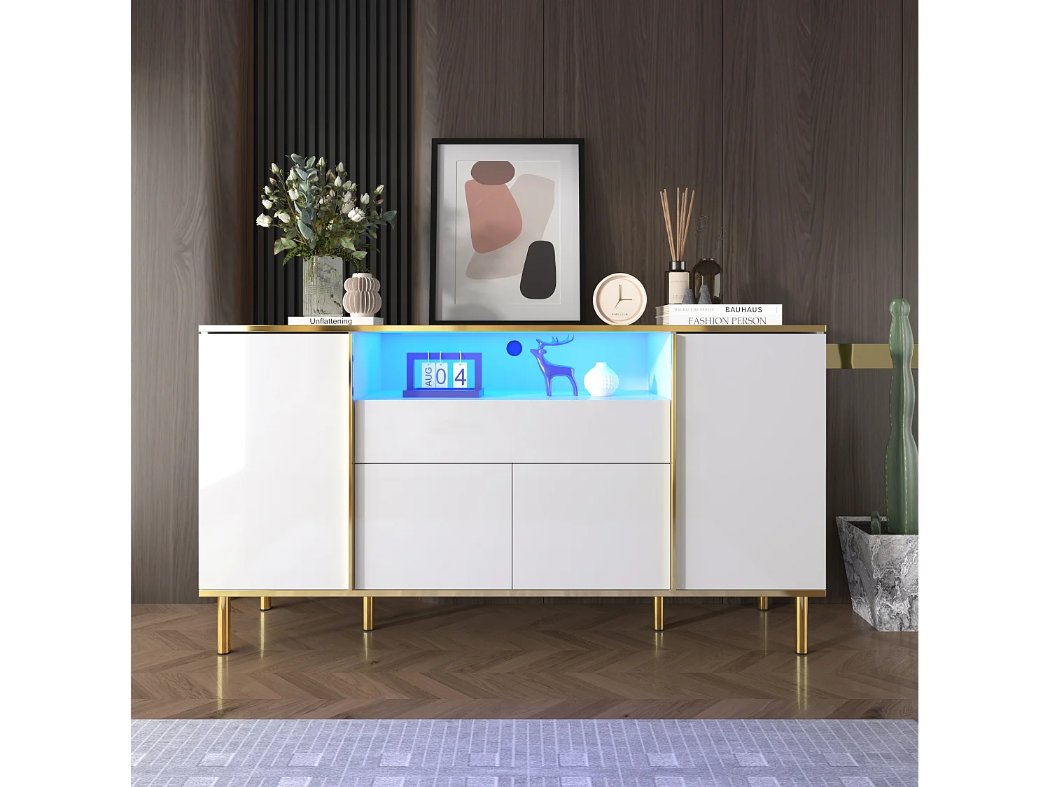 Biała komoda, komoda w połysku z 4 drzwiami i 1 szufladą, oświetlenie LED, do salonu i jadalni 4316618
