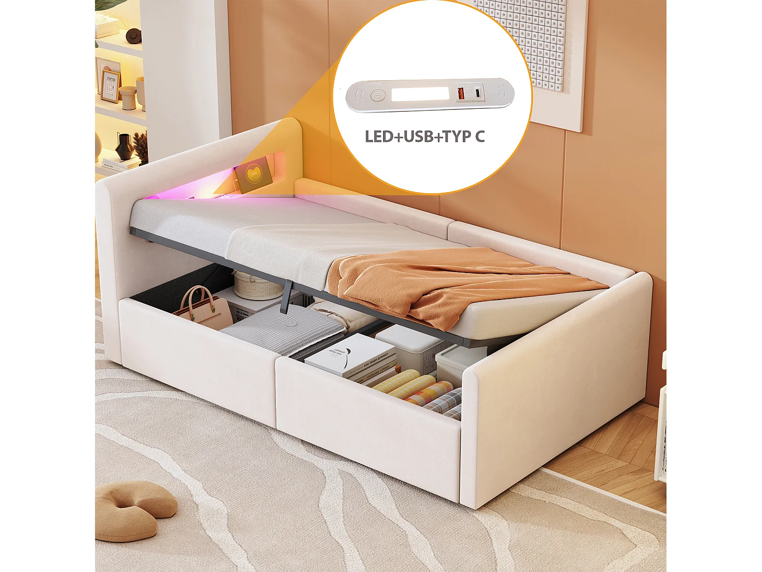 Łóżko dziecięce z pojemnikiem 90x200 cm, beżowy aksamit, łóżko pojedyncze z oświetleniem LED i portem USB, bez materaca 4316648 - obrazek 1