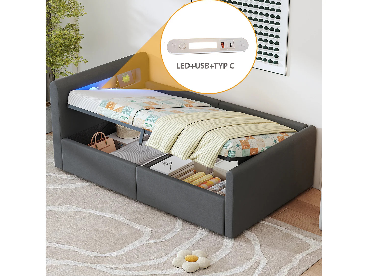 Łóżko dziecięce z pojemnikiem 90x200 cm, ciemnoszary aksamit, łóżko pojedyncze z oświetleniem LED i portem USB, bez materaca 4316665 - obrazek 1