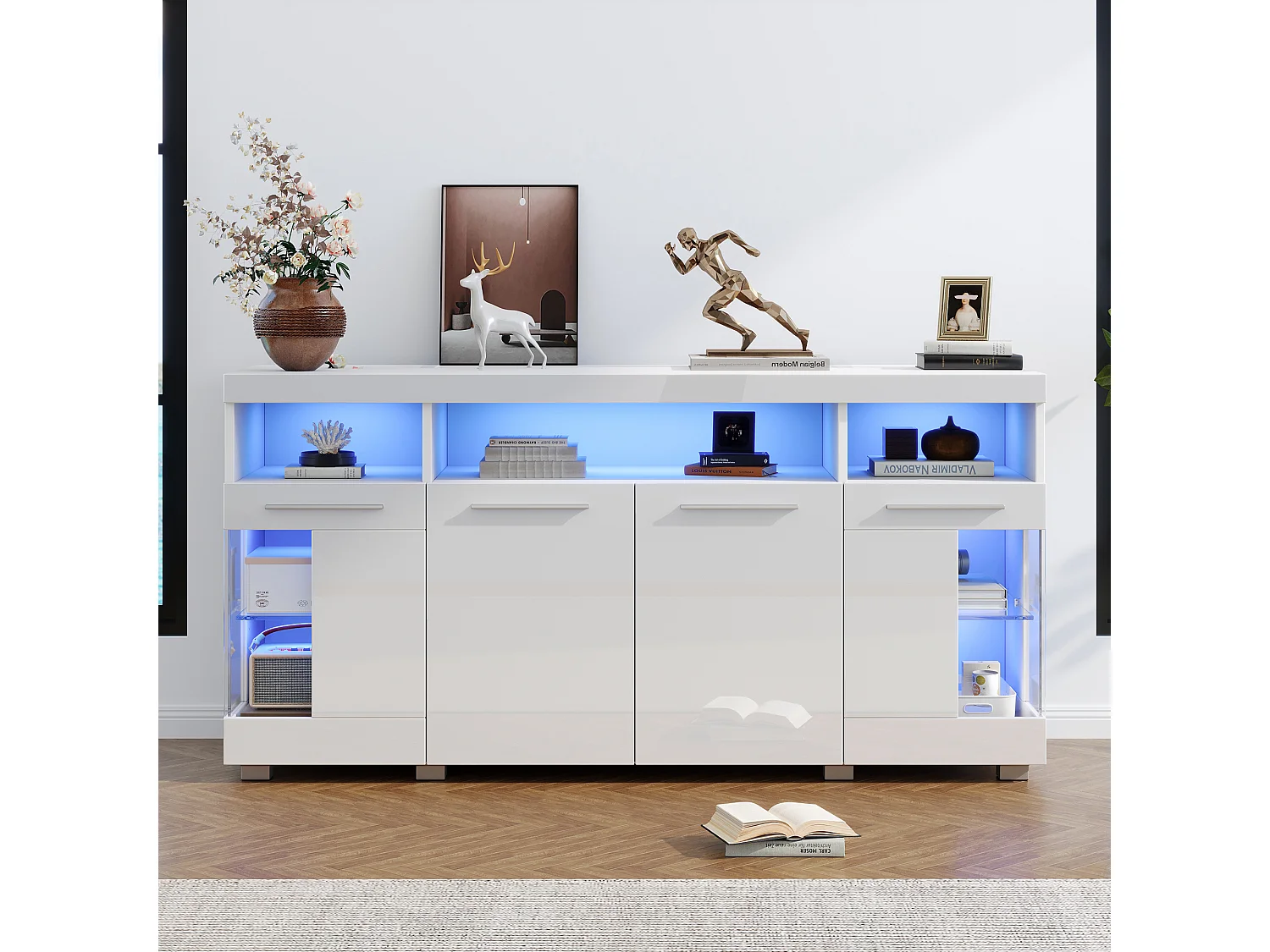 Biała komoda z oświetleniem LED, 140x40x70 cm, 4 drzwi i schowki, do salonu i jadalni 4316670