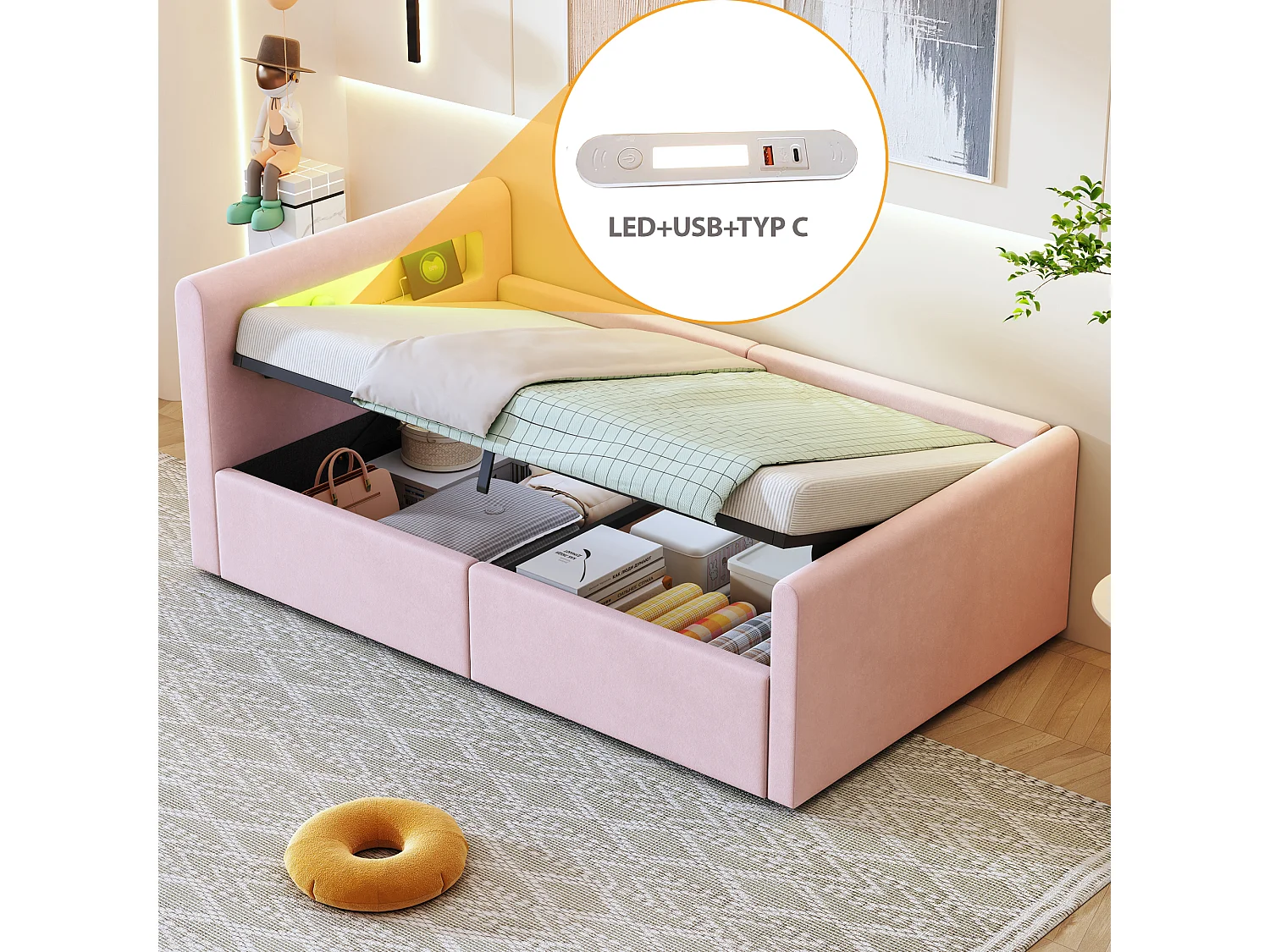 Łóżko dziecięce z pojemnikiem 90x200 cm, różowy aksamit, łóżko pojedyncze z oświetleniem LED i portem USB, bez materaca 4316692 - obrazek 1