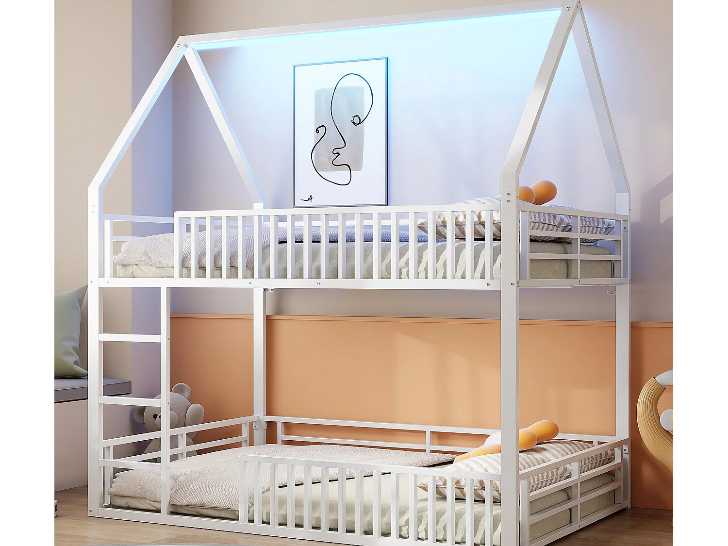Łóżko piętrowe dla dzieci 140×200 cm – design w kształcie domku – z barierką i oświetleniem LED – białe (bez materaca) 4321476