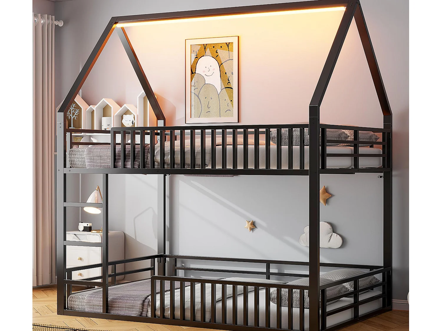 Łóżko piętrowe dla dzieci 140×200 cm – design w kształcie domku – z barierką i oświetleniem LED – Czarne (bez materaca) 4321560