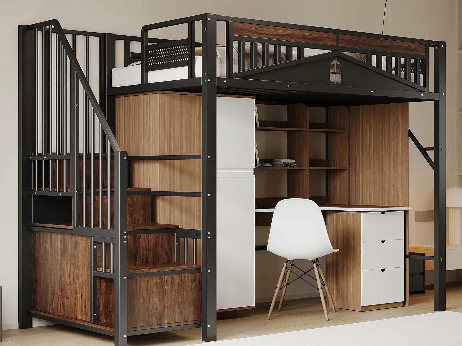 Łóżko mezzanine metalowe 90x200cm - z drabiną do przechowywania - Czarne (materac nie wchodzi w skład) 3697205 - obrazek 1