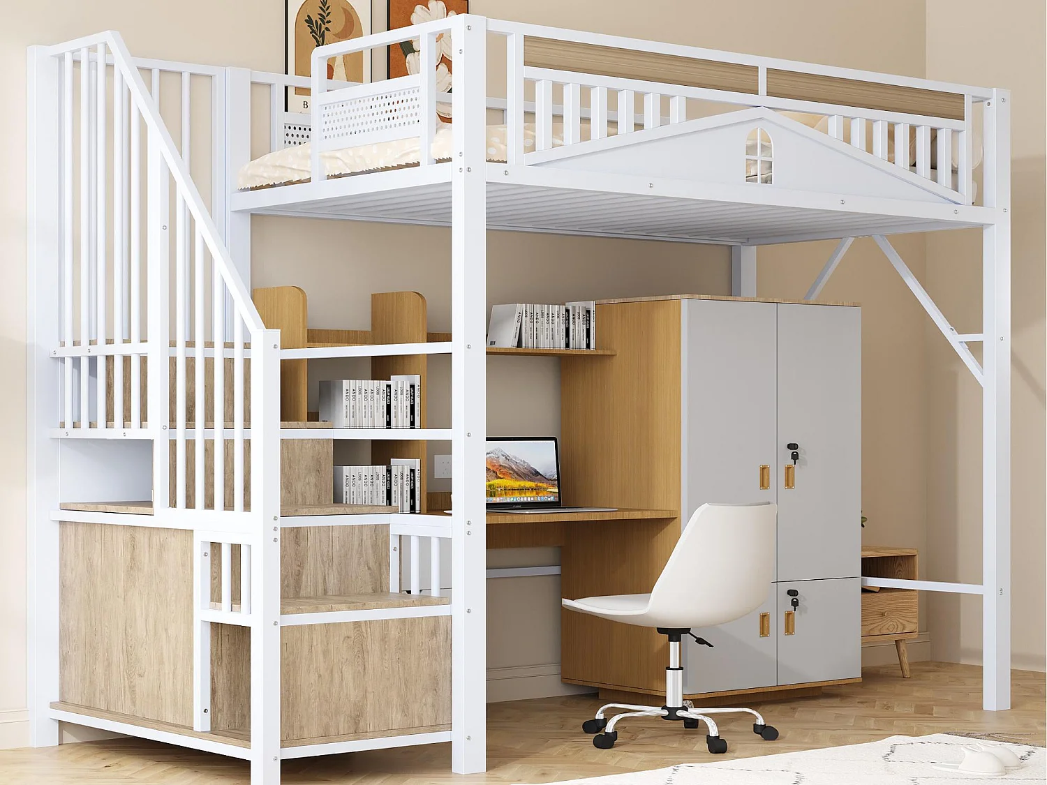 Łóżko mezzanine metalowe 90x200cm - z drabiną do przechowywania - Białe (materac nie jest w zestawie) 3697206 - obrazek 1