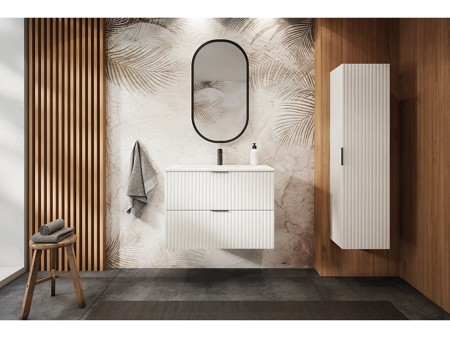 Biała szafka łazienkowa ryflowana FLOW 80 cm z regałem dąb craft złoty 4334496