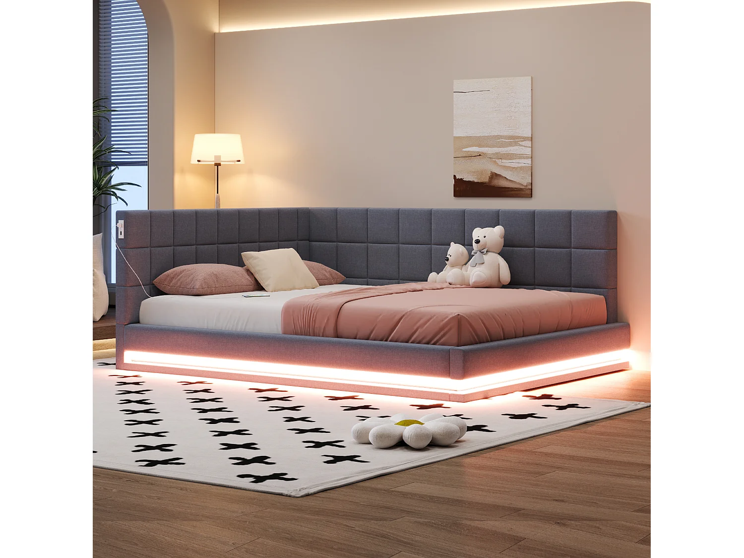 Łóżko dla dorosłych 160 x 200 cm - Łóżko podwójne z oświetleniem LED i ładowaniem USB - szary aksamit 4335748 - obrazek 1