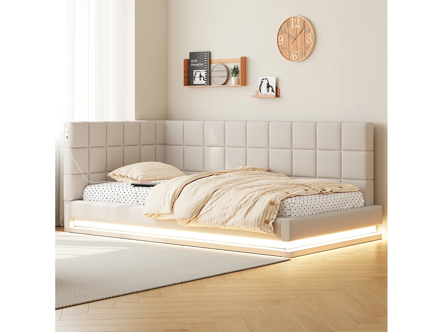 Łóżko dziecięce 90 x 200 cm - Łóżko pojedyncze z oświetleniem LED i ładowaniem USB - beżowy aksamit 4335749 - obrazek 1