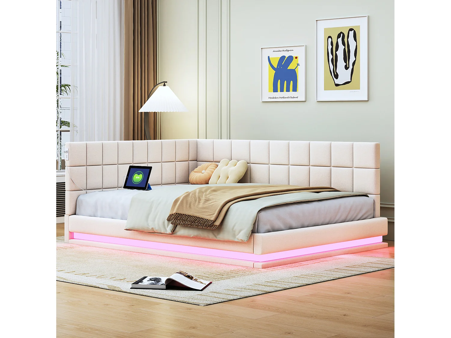 Łóżko dla dorosłych 140 x 200 cm – Łóżko podwójne z oświetleniem LED i ładowaniem USB – beżowy aksamit 4335752